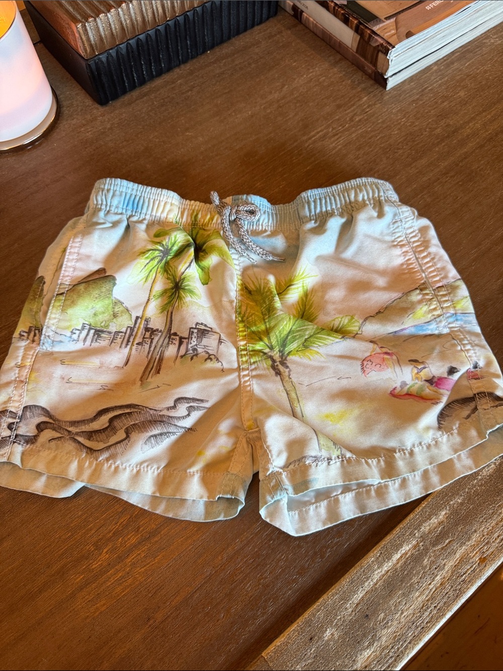 Vilebrequin Cream Swim Shorts with Light Blue and Green Tropical Print